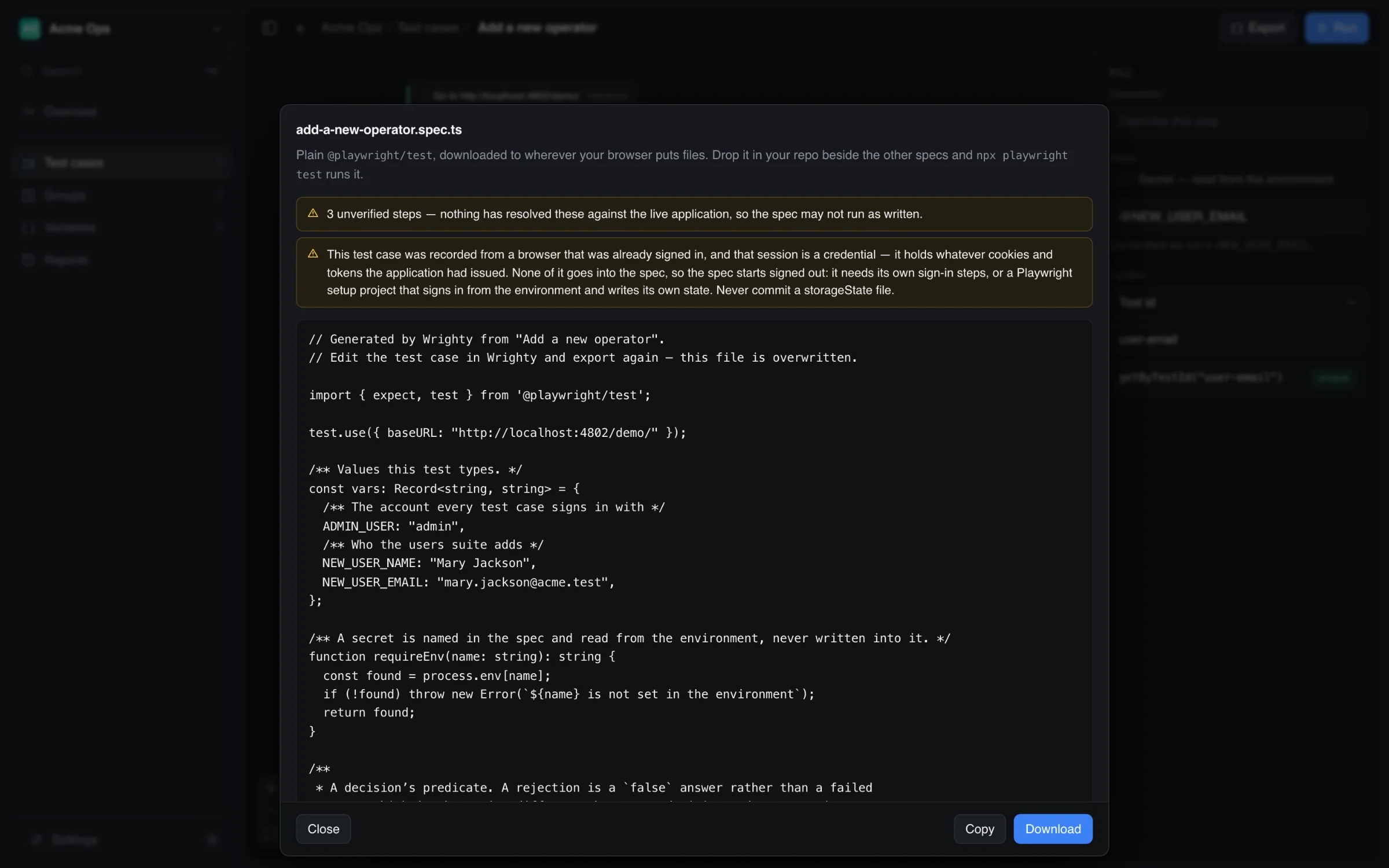 Export and import Playwright specs